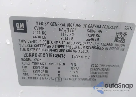 2018 Chevrolet Equinox Lt z USA, uszkodzony, nr VIN 2GNAXKEX0J6146478